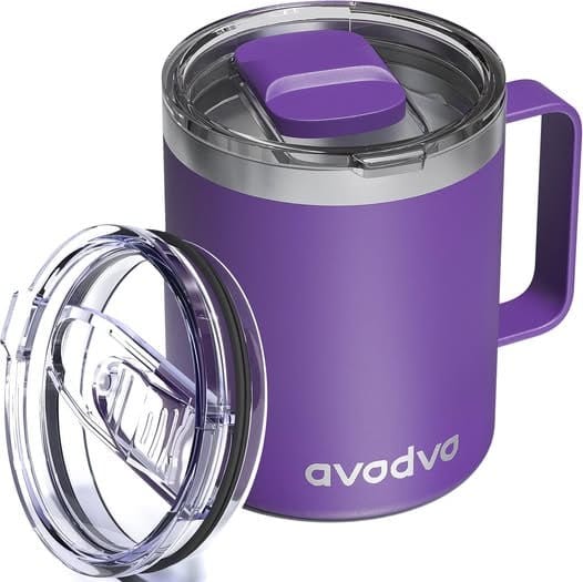 A stainless steel insulated coffee mug with a handle and lid, ideal for warm fall drinks, featured in our Friday Deals.