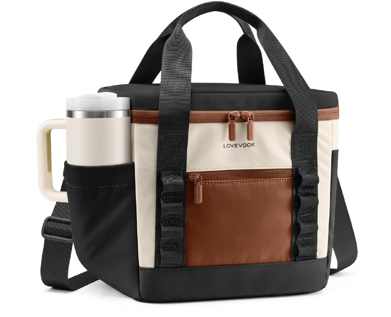 An insulated lunch bag with a zip top and carry handle packed with food containers featured in our Wednesday Deals.