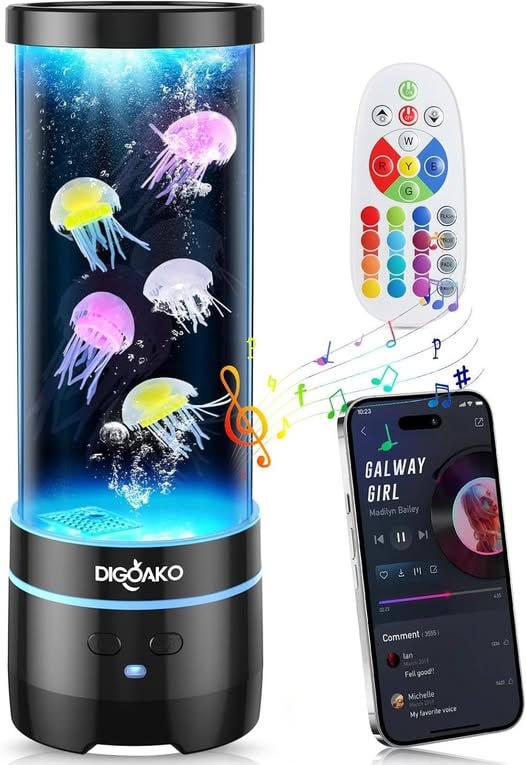 Color-changing jellyfish mood lamp with floating jellyfish inside a lit tank, featured in our Monday Deals.