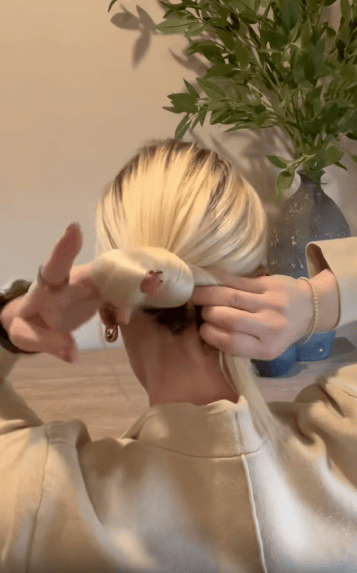 A person with blonde hair, seen from behind, is styling their hair into a low bun. They are wearing a beige top and standing in front of a green leafy plant in a blue vase.