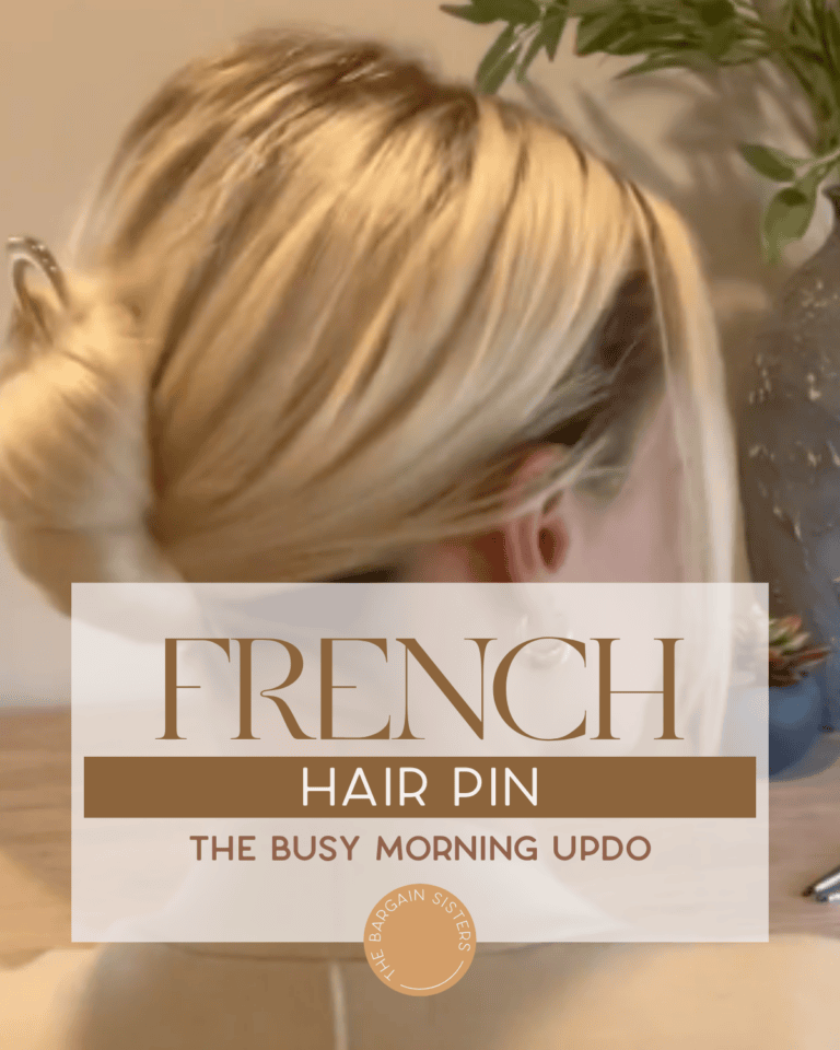 A woman with blonde hair styled in a neat updo secured by a French hair pin; text overlay reads: “French Hair Pin, The Busy Morning Updo.“.