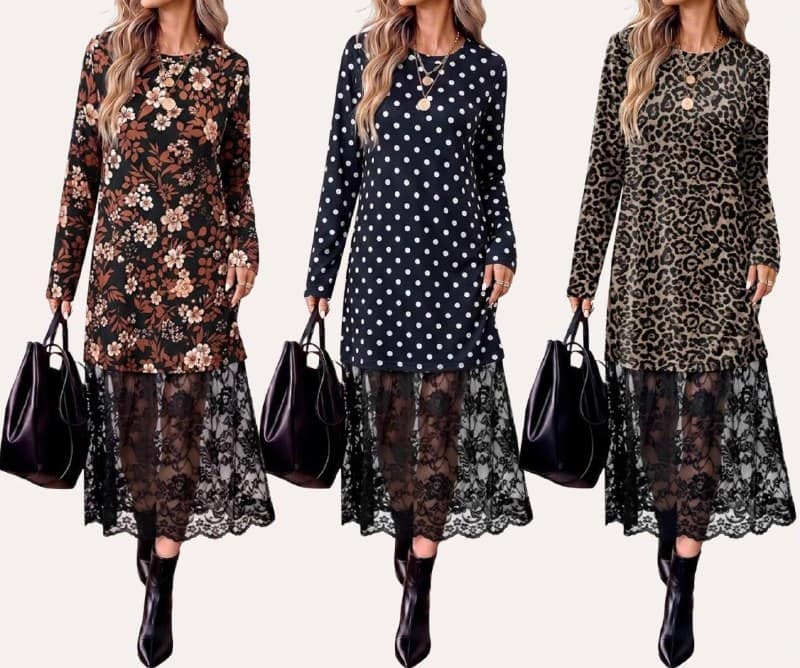 A women's long sleeve dress with lace patchwork details, featured in our Tuesday Deals.