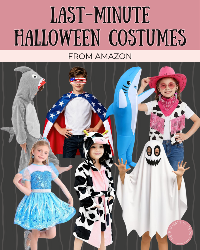 Six children wear various Halloween costumes, including a shark, superhero, inflatable shark, princess, cow, and ghost, standing together on a dark patterned background with a pink banner reading “Last-Minute Halloween Costumes From Amazon.”.