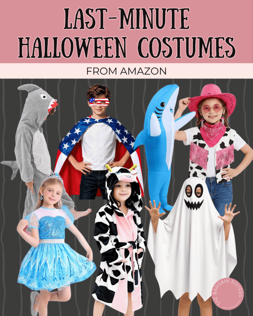 Six children wear various Halloween costumes, including a shark, superhero, inflatable shark, princess, cow, and ghost, standing together on a dark patterned background with a pink banner reading “Last-Minute Halloween Costumes From Amazon.”.