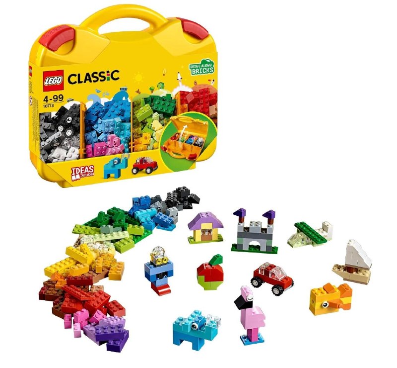 A LEGO Classic Creative Suitcase with a carrying handle, packed with colorful bricks—an easy travel toy or birthday gift, featured in our Thursday Deals.
