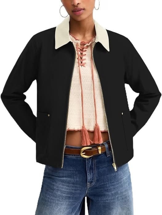 A lightweight zip-up fall jacket in a neutral color with a stand collar and side pockets—an easy layer for cool mornings, featured in our Thursday Deals.