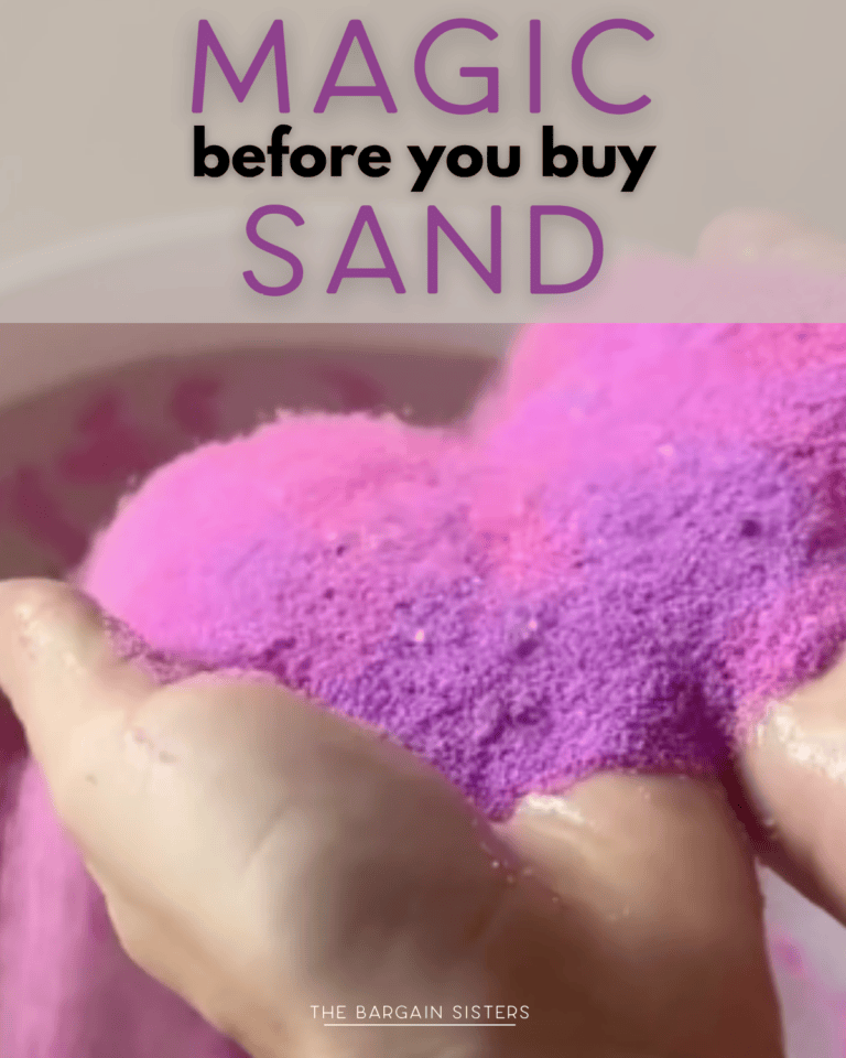A close-up of hands holding pink and purple magic sand above a bowl. Text reads, “MAGIC SAND before you buy.”.