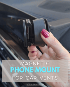 A hand with red nails holds a black magnetic phone mount near a car vent. Text on the image reads, “Magnetic Phone Mount for Car Vents.”.