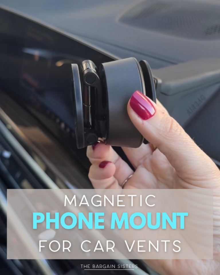 A hand with red nails holds a black magnetic phone mount near a car vent. Text on the image reads, “Magnetic Phone Mount for Car Vents.”.