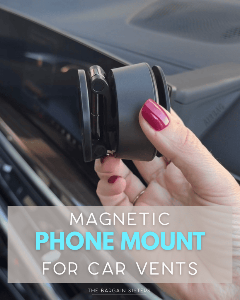 A hand with red nails holds a black magnetic phone mount near a car vent. Text on the image reads, “Magnetic Phone Mount for Car Vents.”.