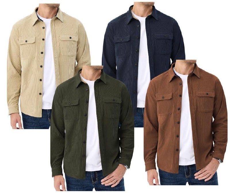 A man wearing a lightweight button-up corduroy shacket, a classic fall layer, featured in our Friday Deals.