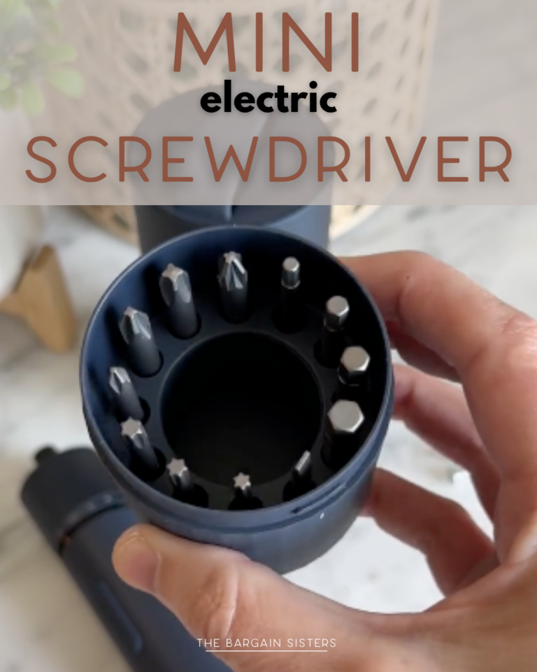 A hand holds a mini electric screwdriver with multiple interchangeable bits displayed in a circular holder. Text at the top reads “MINI electric SCREWDRIVER.”.