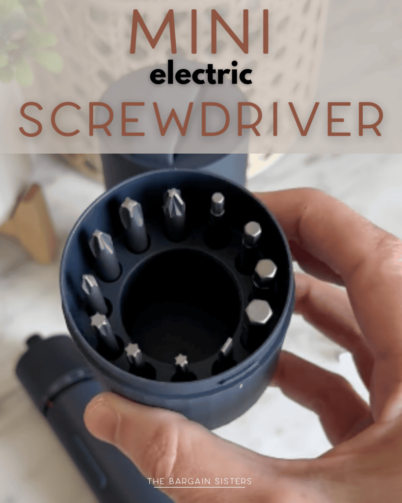 A hand holds a mini electric screwdriver with multiple interchangeable bits displayed in a circular holder. Text at the top reads “MINI electric SCREWDRIVER.”.