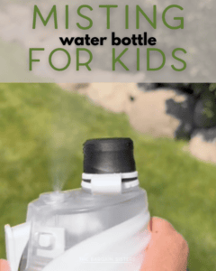 A close-up of a hand holding a misting water bottle spraying mist, with green grass in the background and text reading “MISTING water bottle FOR KIDS.”.