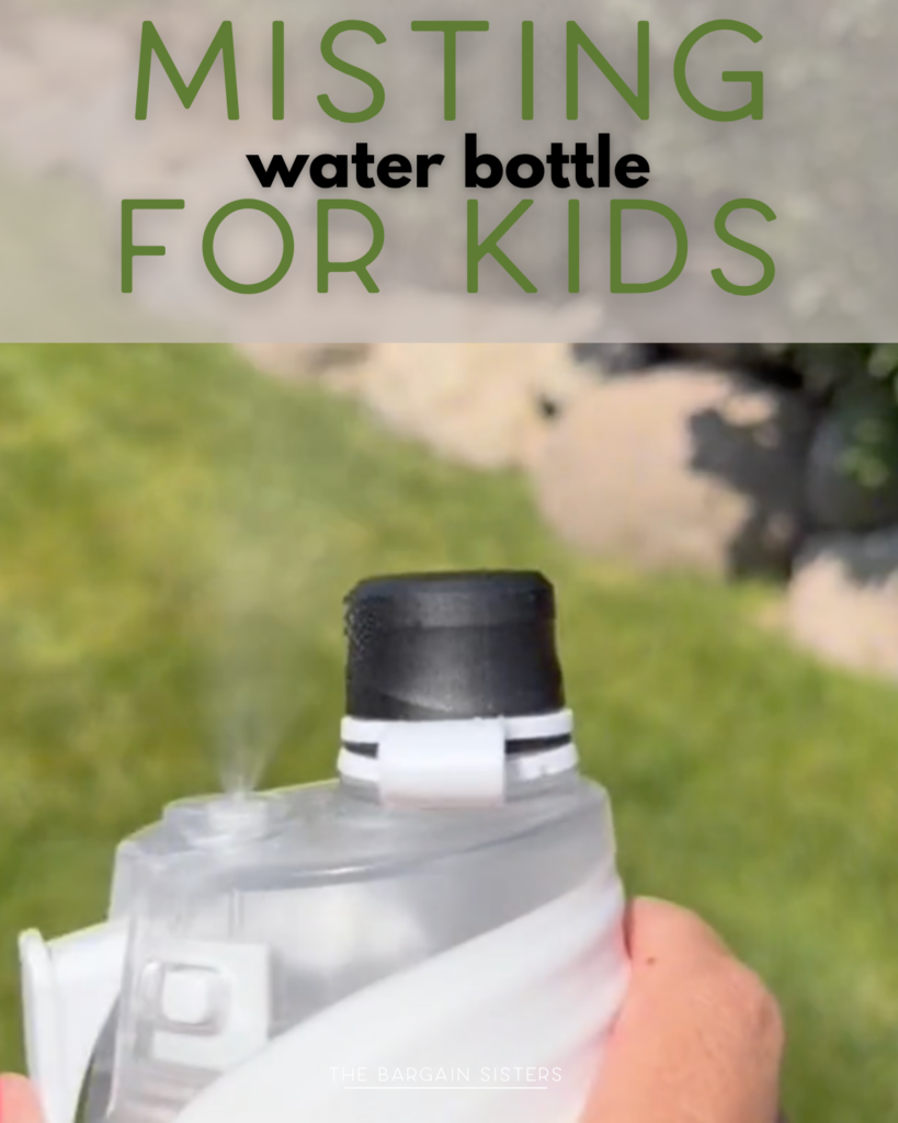 A close-up of a hand holding a misting water bottle spraying mist, with green grass in the background and text reading “MISTING water bottle FOR KIDS.”.