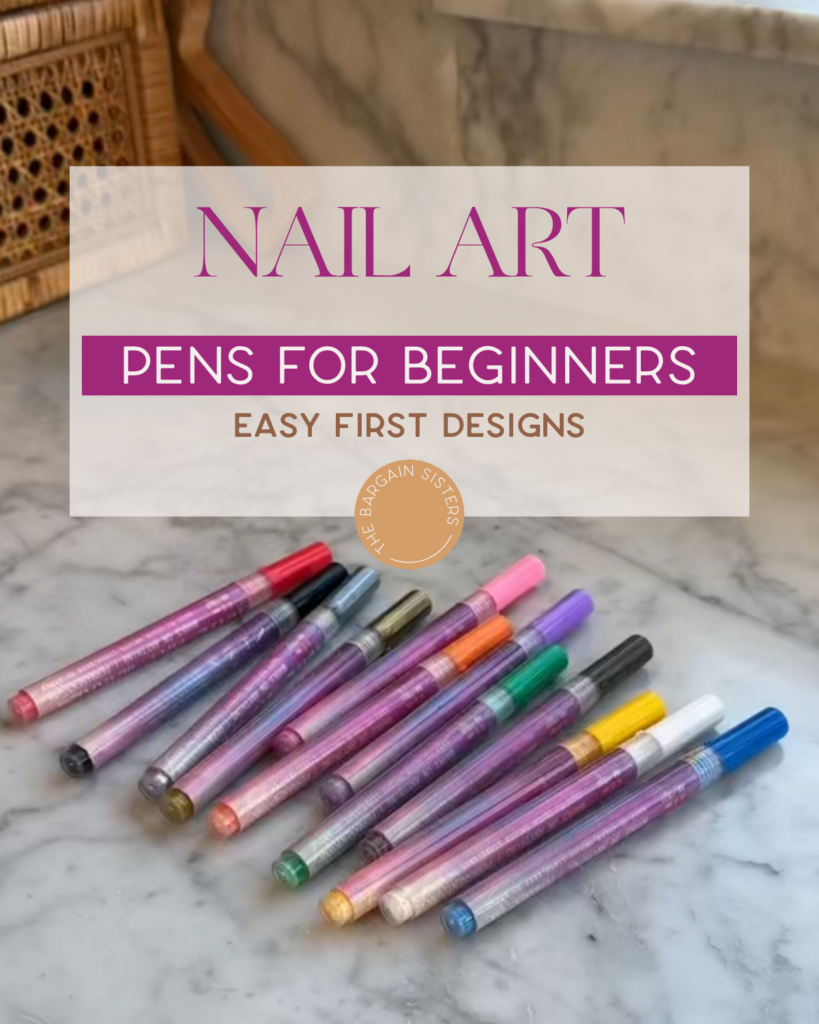 Twelve glittery nail art pens in various colors are arranged on a marble surface, with text overlay: “Nail Art Pens for Beginners - Easy First Designs.”.