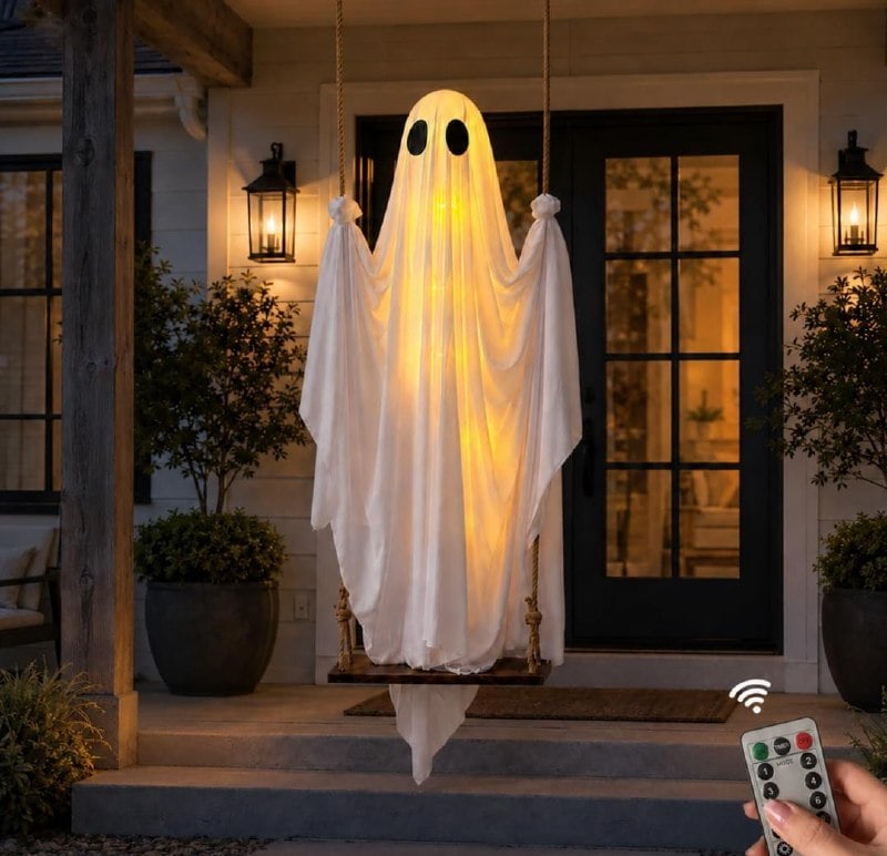 Outdoor Halloween ghost decorations set up in a front yard, featured in our Wednesday Deals.