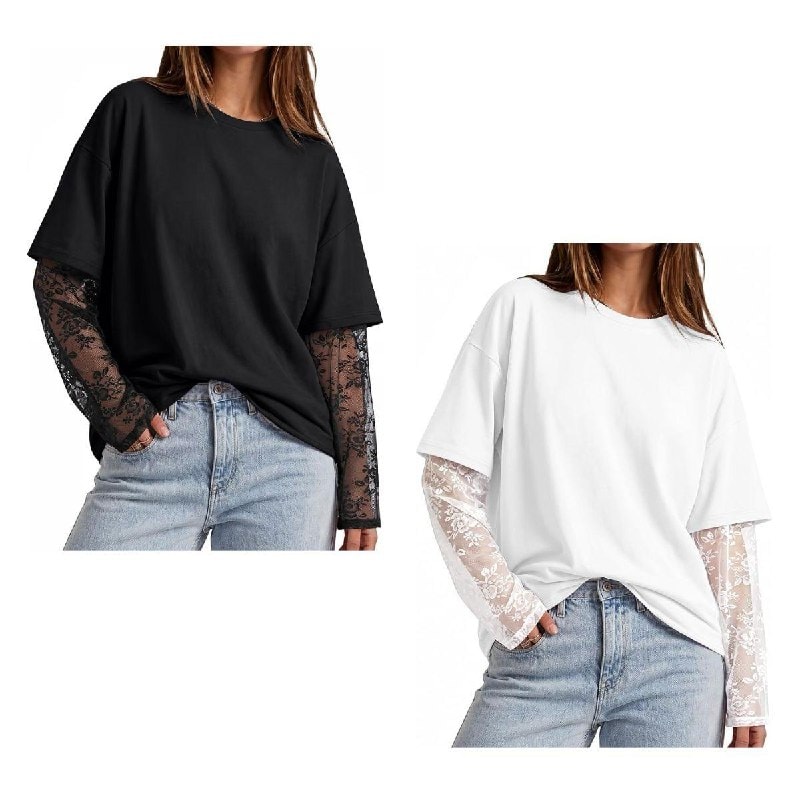 A woman wearing an oversized tee with sheer lace sleeves, featured in our Friday Deals.