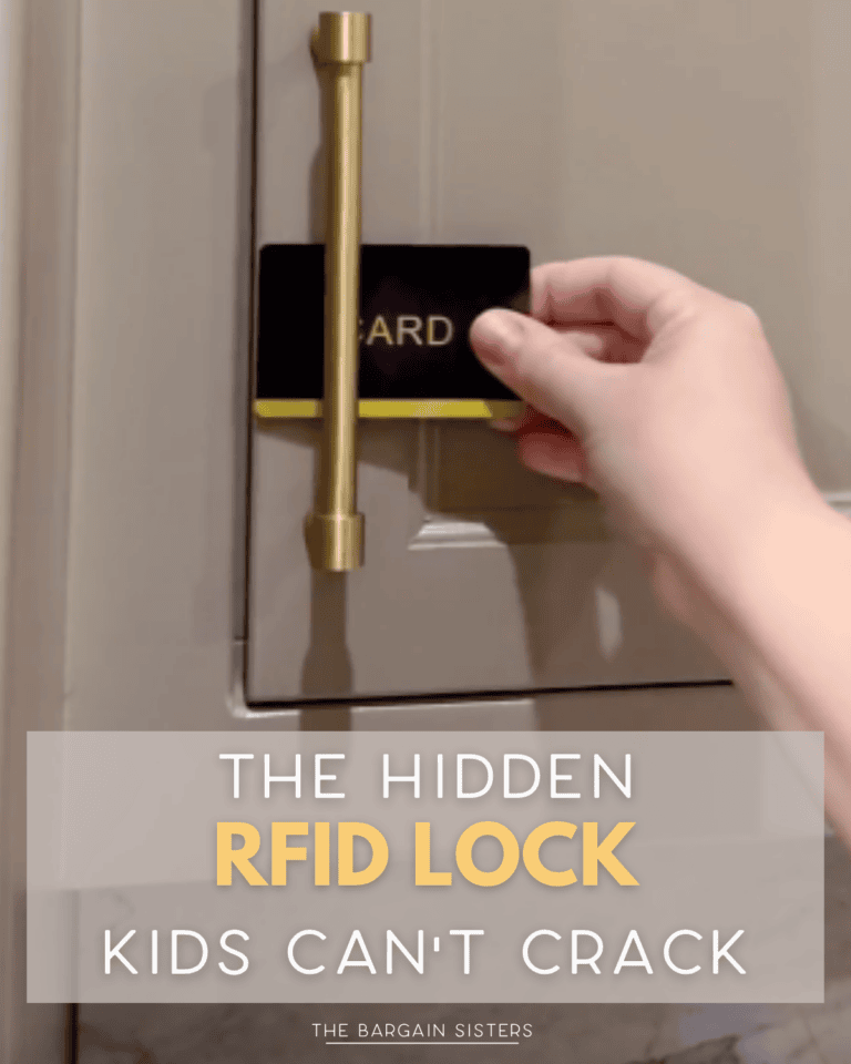 A hand holds a black and yellow RFID card near a hidden lock on a cabinet. Text overlay reads: “The Hidden RFID Lock Kids Can’t Crack. The Bargain Sisters.”.