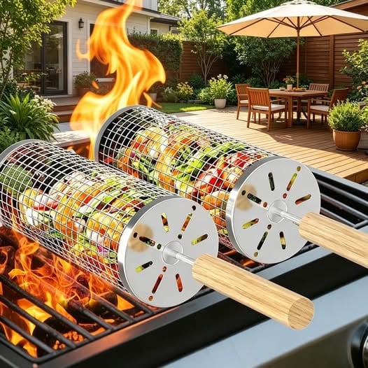 A set of stainless steel rolling grill baskets for veggies on the barbecue, featured in our Friday Deals.