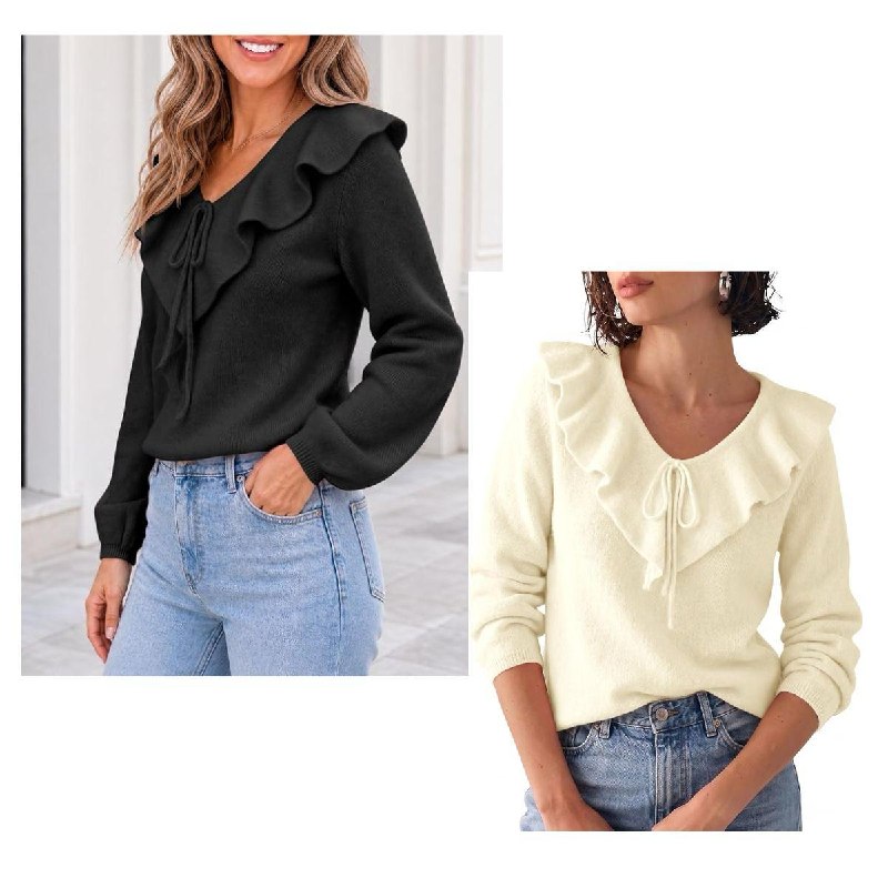 A women's ruffle trim V neck sweater for cozy fall layering, featured in our Monday Deals.