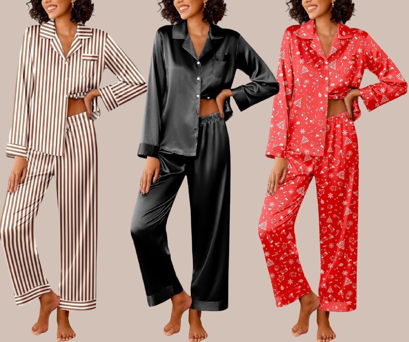 A silky satin pajama set with a button-up top and matching pants featured in our Wednesday Deals.
