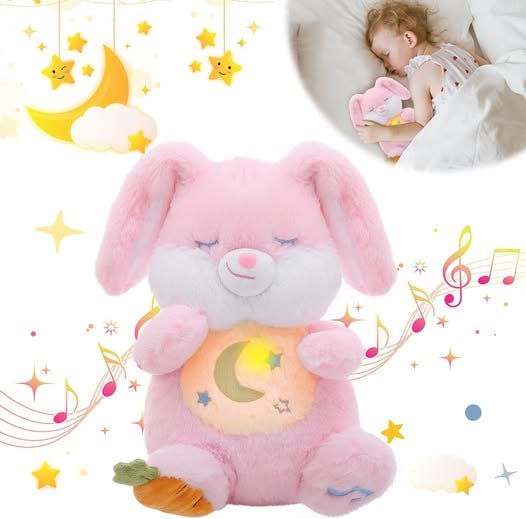 A soft plush bunny that gently rises and falls as if breathing, made to soothe little ones to sleep, featured in our Friday Deals.