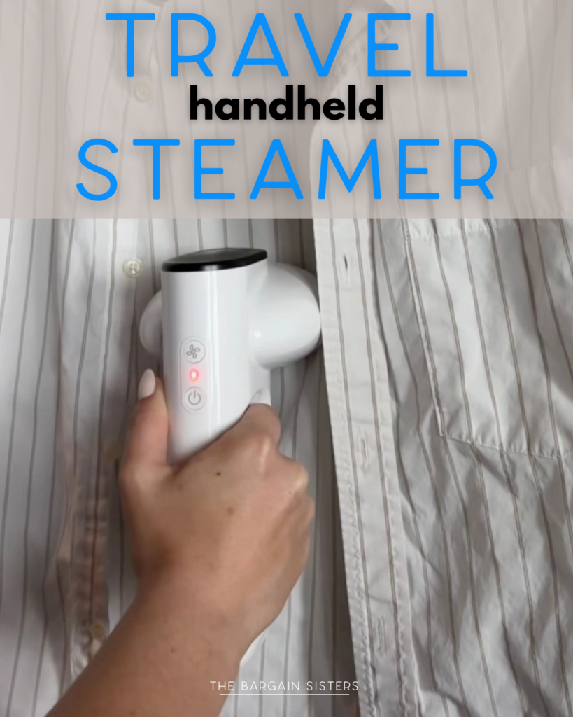 A person uses a white handheld travel steamer to remove wrinkles from a striped shirt. Blue and black text reads “Travel Handheld Steamer.”.