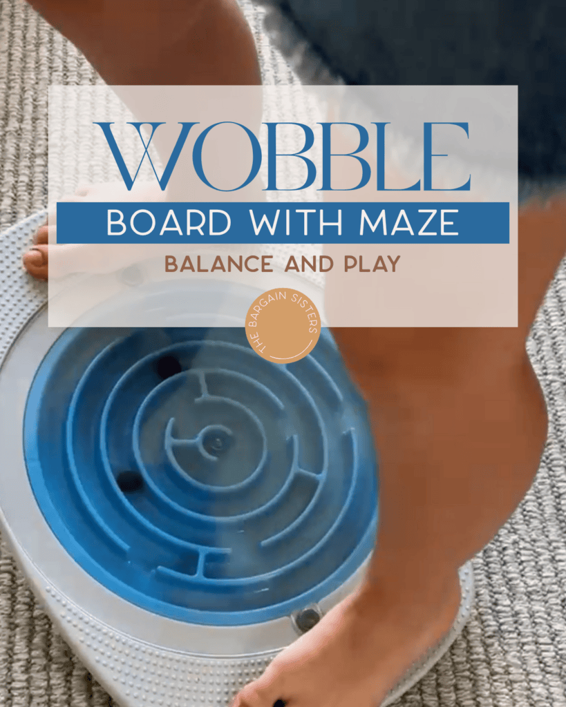 A person standing on a blue balance board with a maze design, moving small black balls through the maze. Text overlay reads, “Wobble Board with Maze - Balance and Play.”.