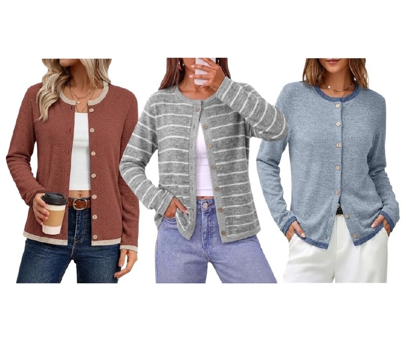 A woman wearing a soft open-front knit cardigan, perfect for fall layering, featured in our Friday Deals.