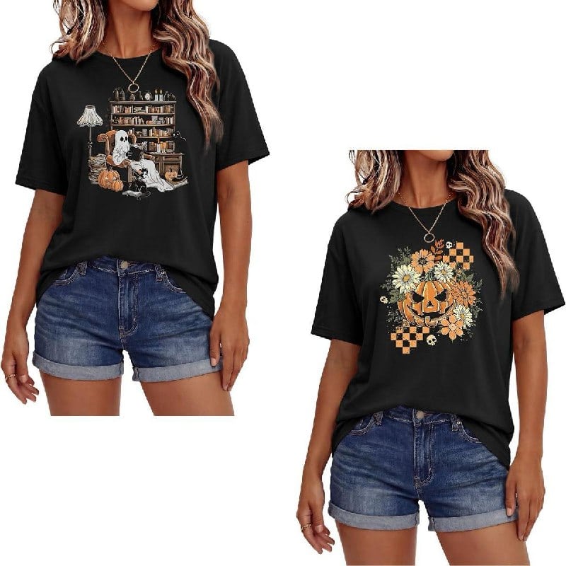 A woman wearing a graphic Halloween tee shirt, featured in our Friday Deals.