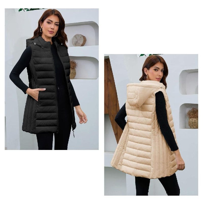 A woman wearing a long quilted puffer vest, a cozy fall layering piece, featured in our Friday Deals.