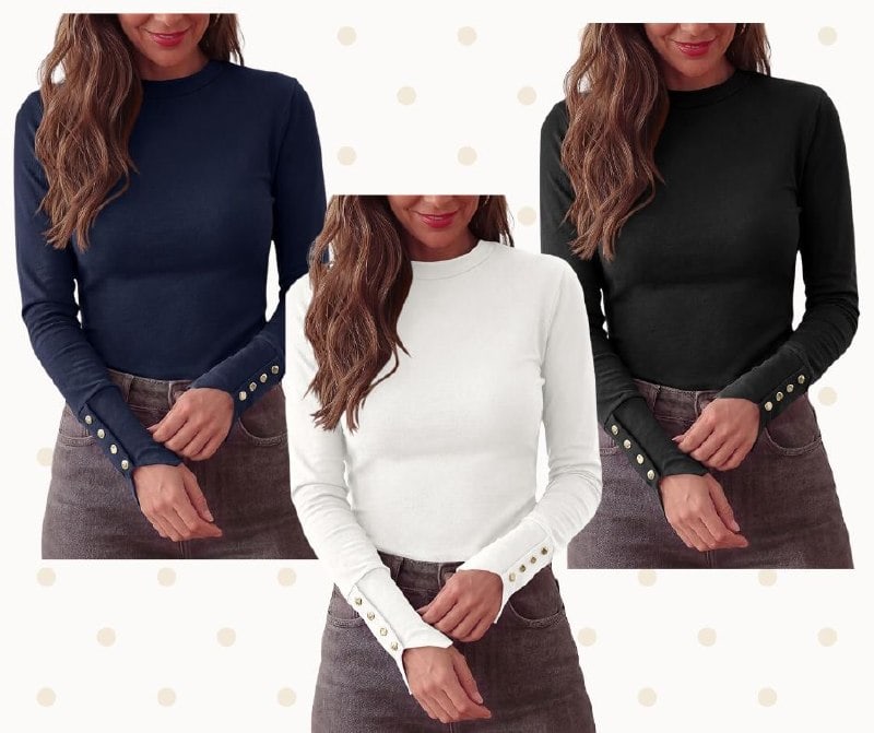 A women's slim fit long sleeve top with button detail, featured in our Monday Deals.