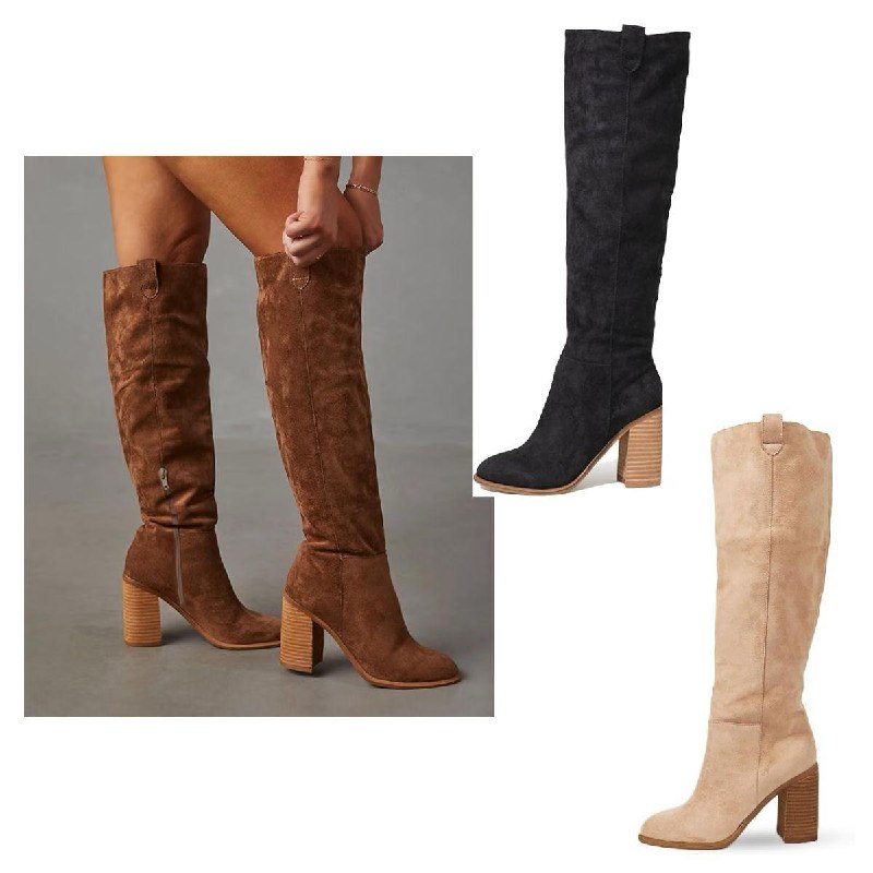 A pair of women's suede knee high boots for fall outfits, featured in our Monday Deals.