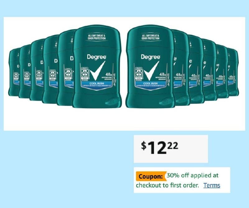 A 12 pack of Degree men's antiperspirant deodorant sticks, featured in our Wednesday Deals.