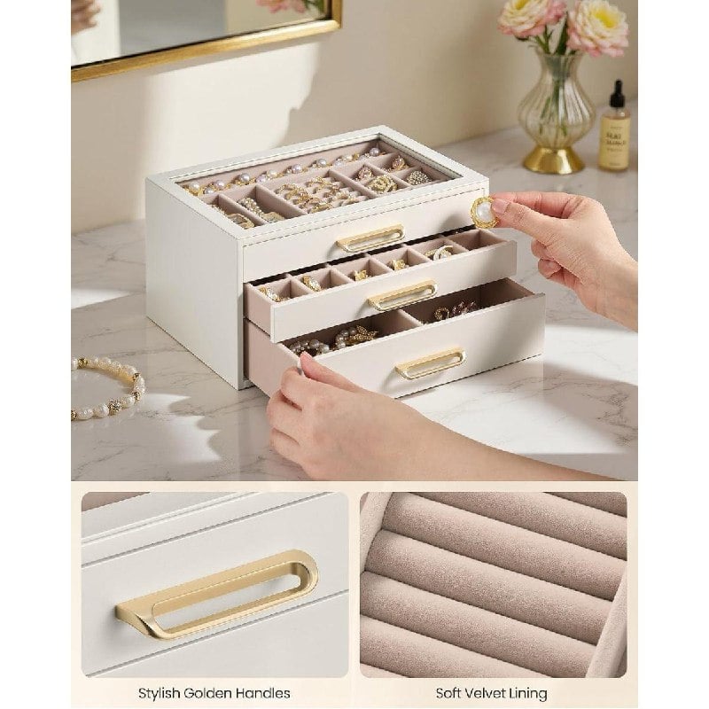 A 3 drawer jewelry box organizer with a mirror and ring slots, featured in our Wednesday Deals.