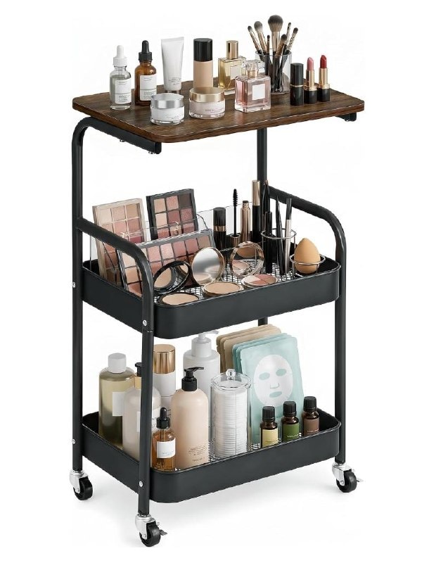 A clear three-tier makeup organizer holding brushes, lipsticks and skincare, featured in our Thursday Deals.