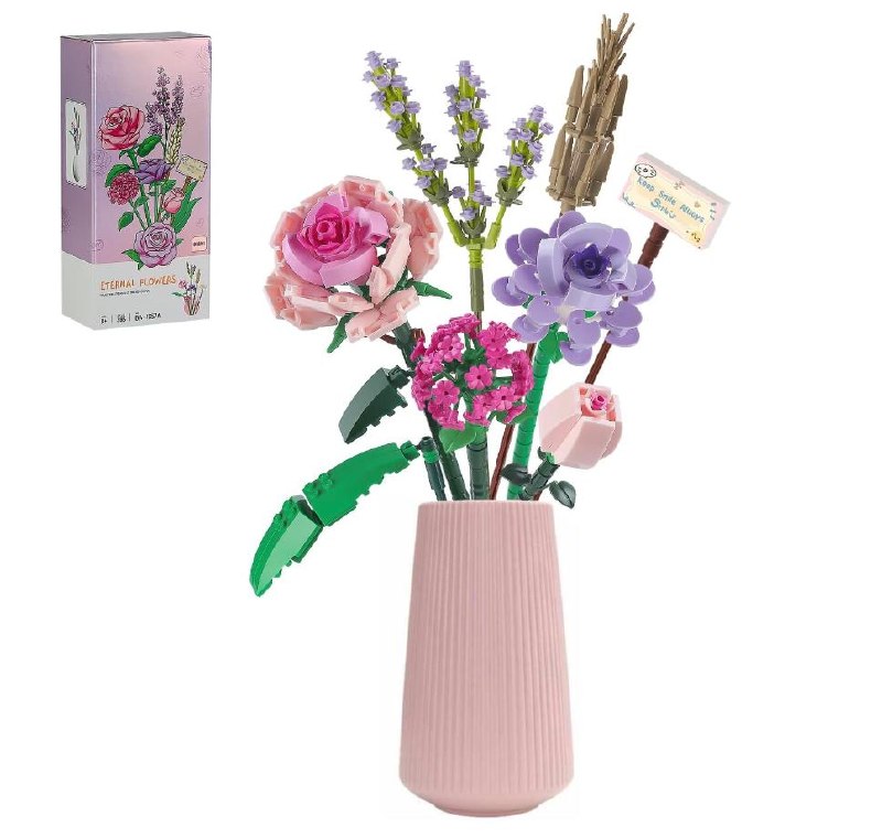 A colorful 393-piece building block flower bouquet with assembled brick blossoms and green stems displayed in a vase, featured in our Wednesday Deals.