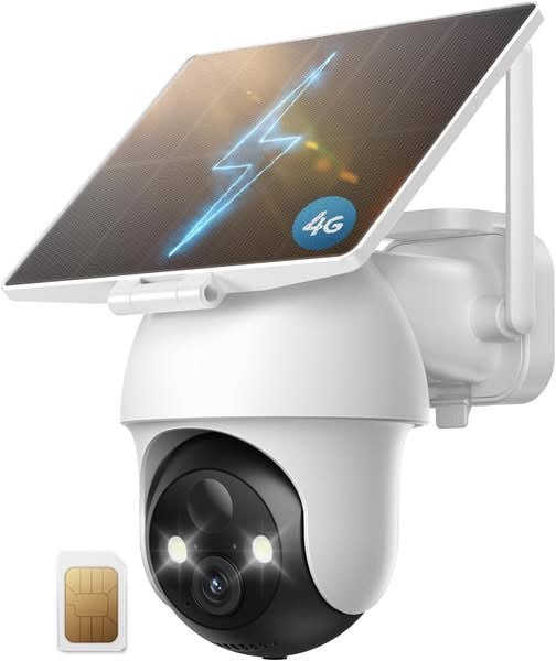 A white outdoor 4G LTE cellular security camera with an attached solar panel mounted on a wall, featured in our Wednesday Deals.