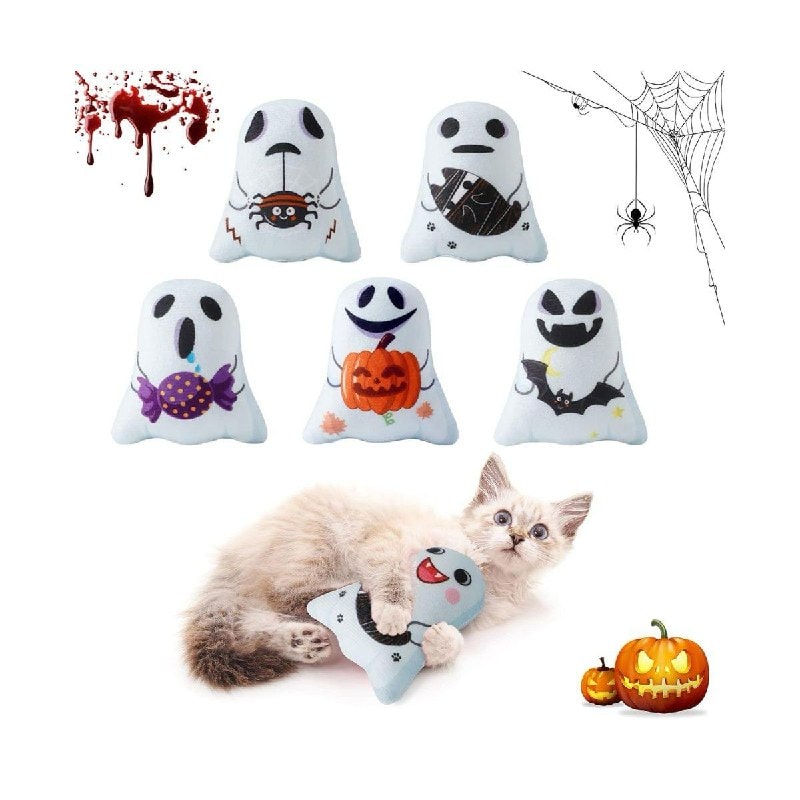 A five-pack of ghost-shaped Halloween cat toys, featured in our Tuesday Deals.