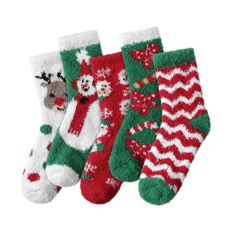 Five pairs of cozy fuzzy Christmas socks in festive holiday patterns, featured in our Tuesday Deals.