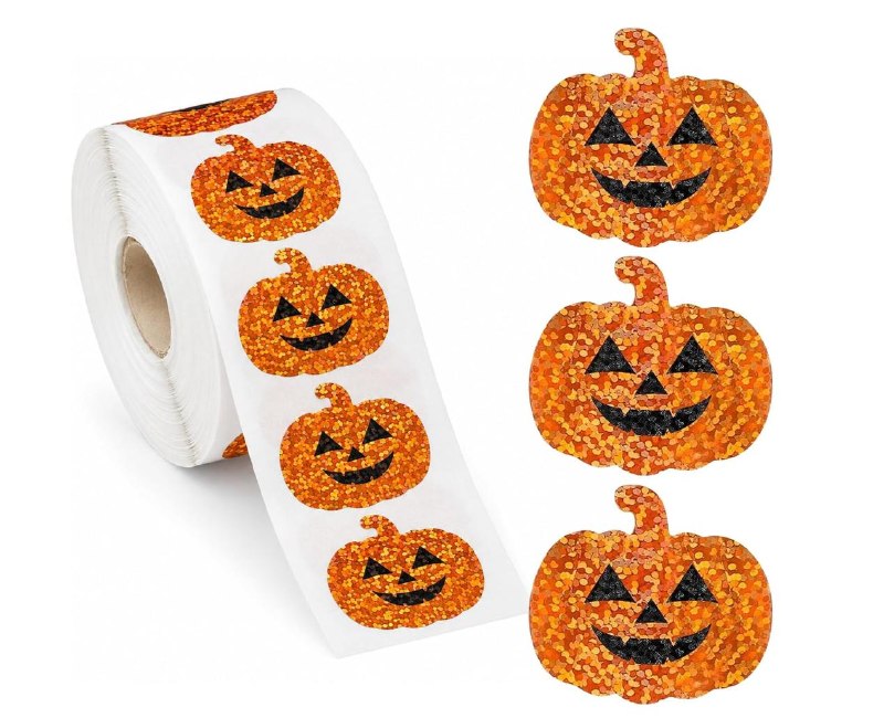 A roll of 500 orange pumpkin stickers for Halloween and fall crafts, featured in our Thursday Deals.