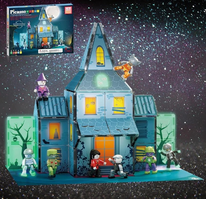 A Halloween haunted house built from colorful magnetic tiles for kids, featured in our Thursday Deals.