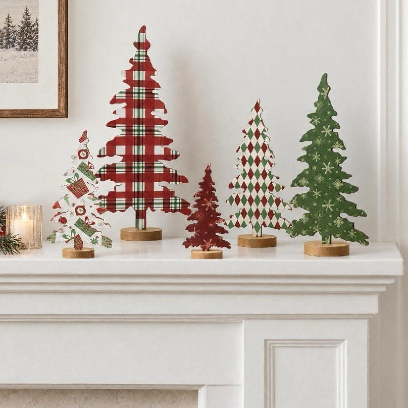 A set of five wooden Christmas tree decorations for festive holiday decor, featured in our Thursday Deals.