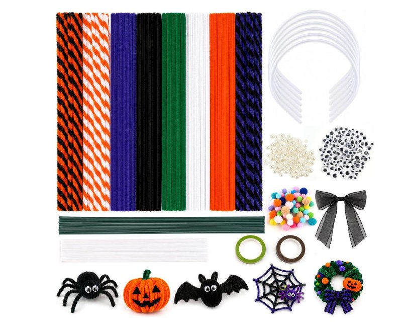 An 824-piece Halloween craft supply kit with foam shapes, googly eyes, pom poms and pipe cleaners in orange, black and purple, featured in our Wednesday Deals.
