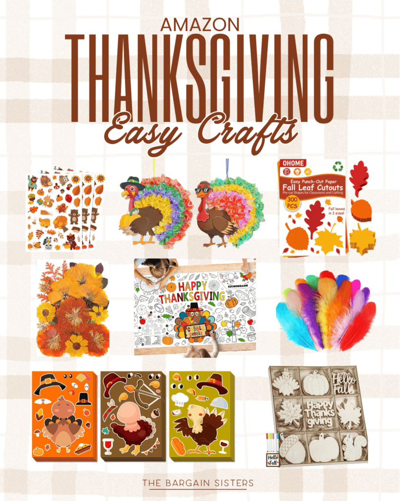 A collage of Thanksgiving craft supplies, including turkey decorations, stickers, fall leaves, feathers, cutout kits, and activity boards, with text reading “Amazon Thanksgiving Easy Crafts”—perfect for inspiring easy Thanksgiving crafts and fun Thanksgiving crafts for kids.