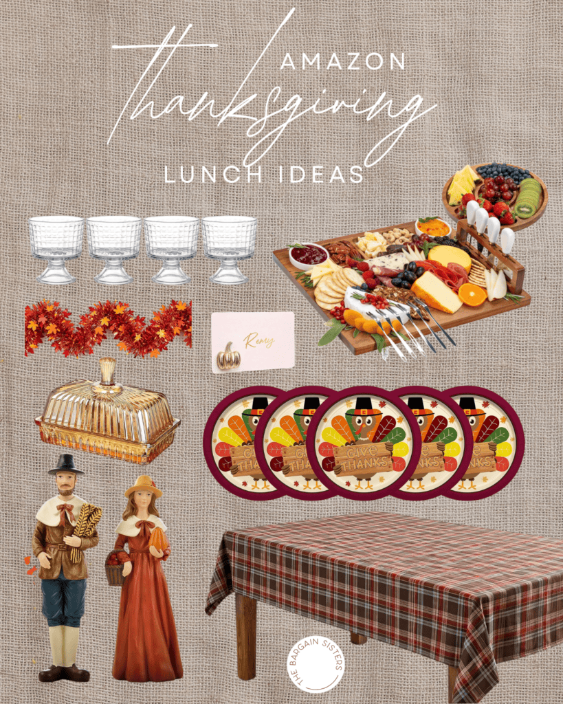 Thanksgiving lunch ideas on burlap background: glasses, cheese board, leaf garland, place card, butter dish, turkey plates, pilgrim figurines, and a plaid tablecloth—perfect Thanksgiving lunch ideas for a crowd looking to enjoy a festive and cozy meal together.