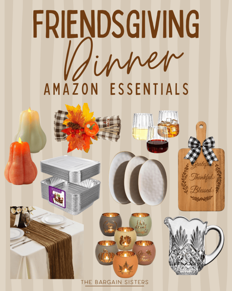 Collage of Friendsgiving dinner essentials, including candles, napkins, checkered napkin rings, drinkware, serving dishes, decorative signs, table runner, pumpkin jars, and a glass pitcher on a striped beige background—perfect Friendsgiving ideas for creating a cozy night with friends.