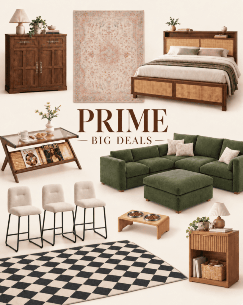 A collage of Prime Big Deal Day favorites, including a bed, a green sectional sofa, a rug, chairs, and tables, with the text “PRIME BIG DEALS” in the center.