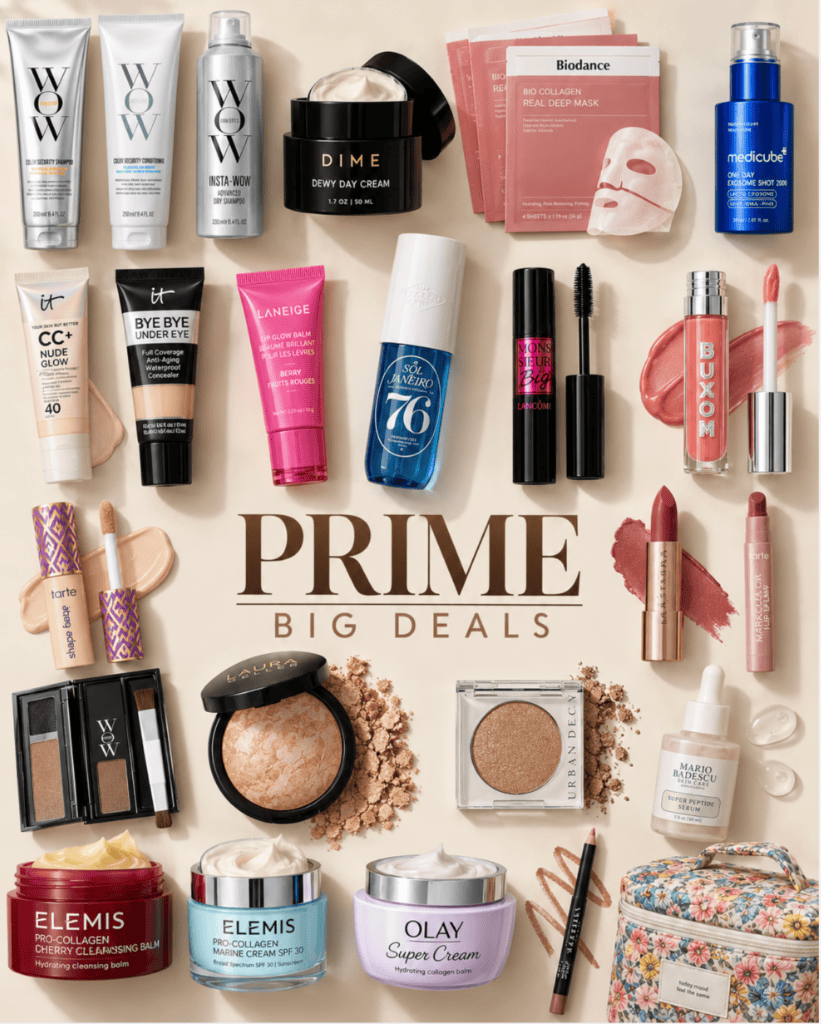 An assortment of beauty and skincare products from brands including WOW, Elemis, Olay, and Lancôme arranged around the text “PRIME BIG DEALS,” highlighting some prime big deal day favorites.